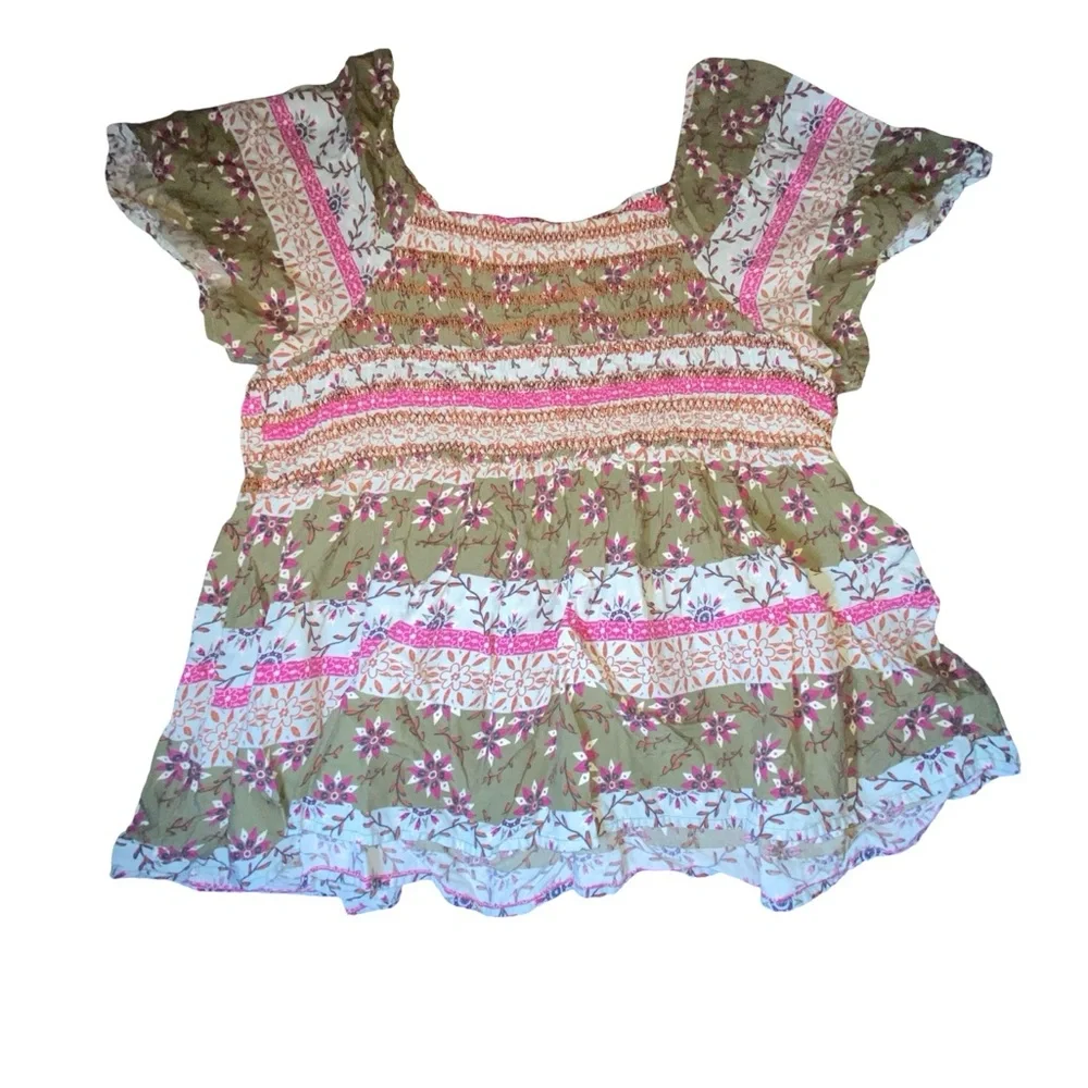 SO Floral boho Rayon Top with Pink‎ and Green Accents size XL